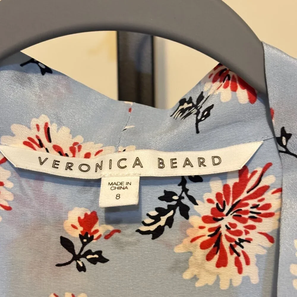 Veronica Beard Remi Silk Blue Floral Tie Neck Blouse